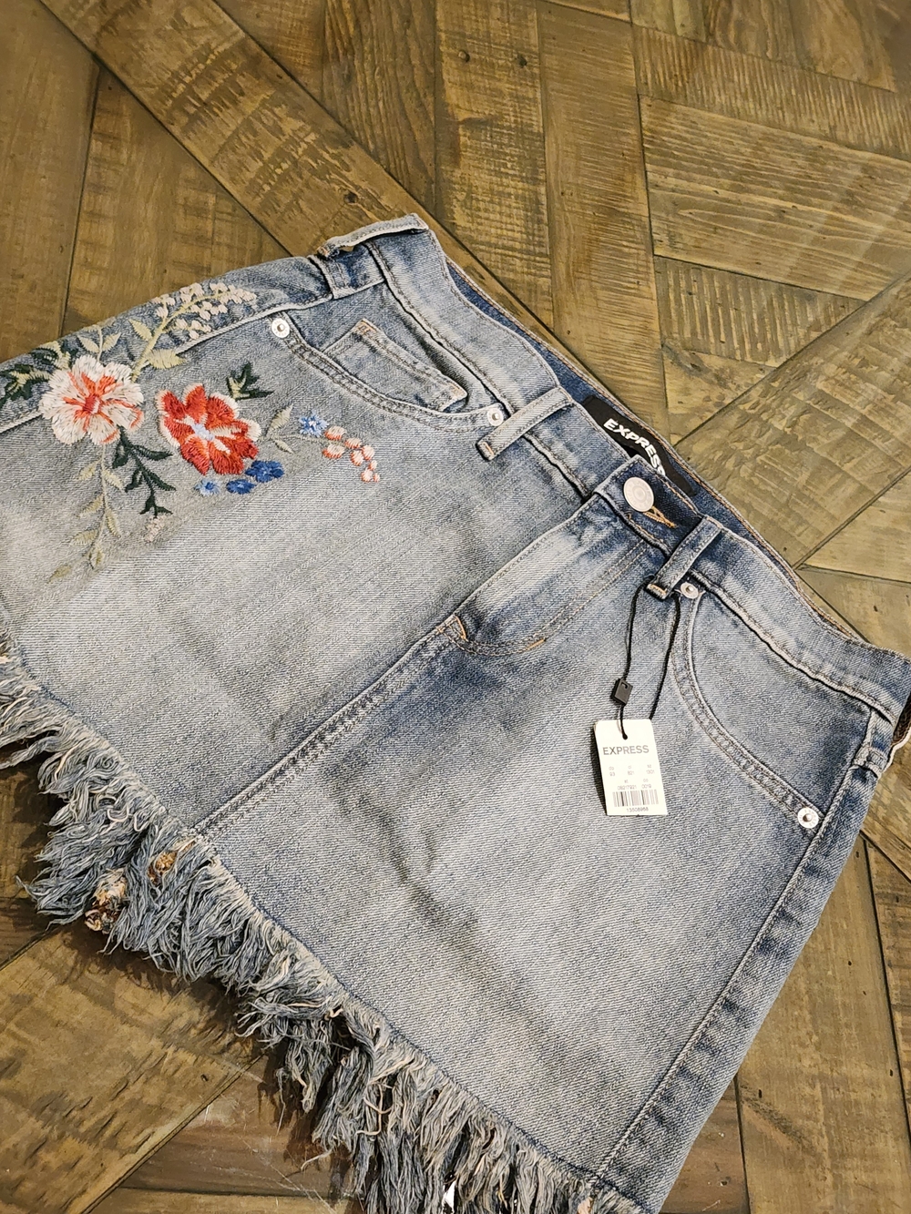 Express Embroidered Denim Fringe Mini Skirt - Light Blue